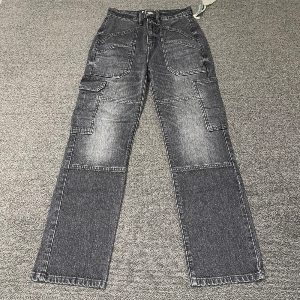 NWT Daze Denim Straight Up High Rise Straight Cargo Jeans Olivette Grey Size 24